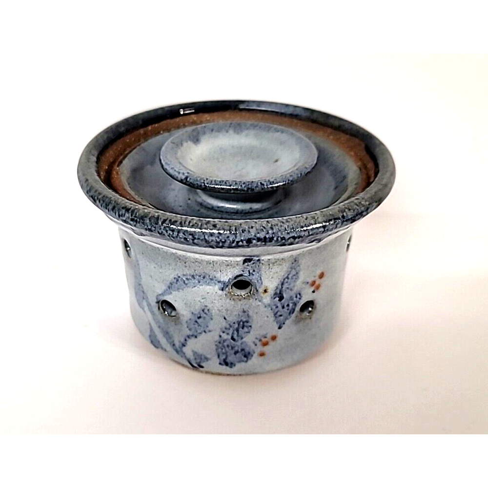 Signed Blue Stoneware Garlic Keeper Container with Lid